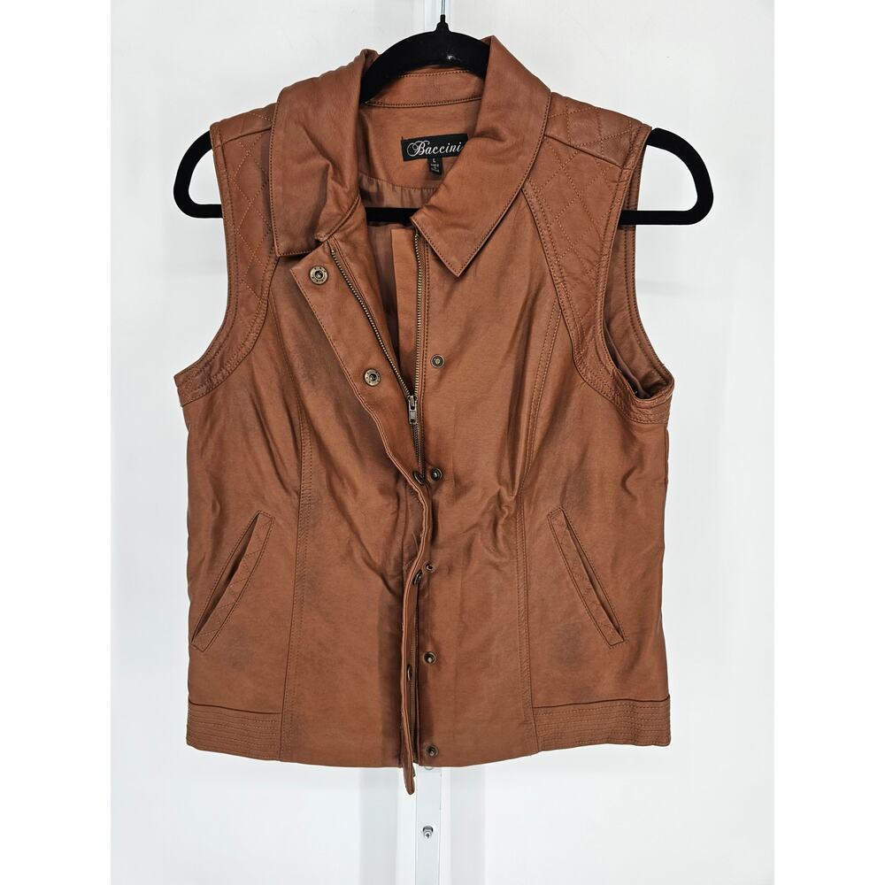 Baccini Womens Sz L Zip Up Moto Vest Faux Leather Brown Quilted